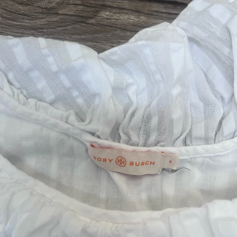 TORY BURCH White Tonal‎ Stripe Cotton Seersucker Dress Size 4